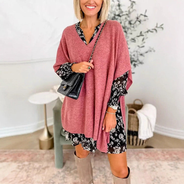 Damen lässiger Strickponcho mit V-Ausschnitt und übergroßem Schnitt EB