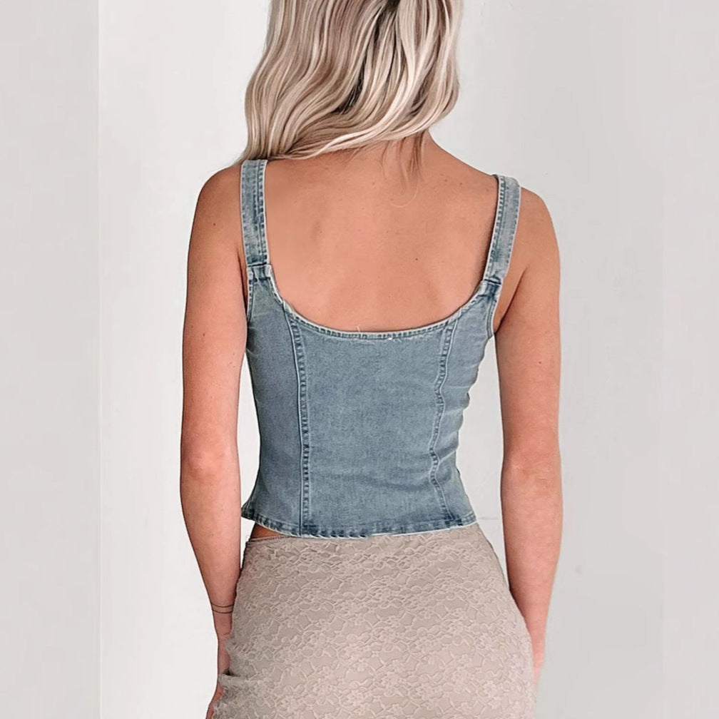 Damen Denim-Corsage mit Reißverschluss und verstellbaren Trägern EB
