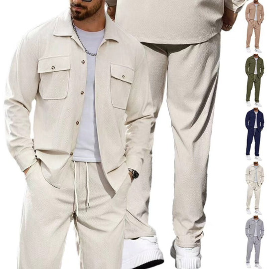 Herren nan lässiger Zweiteiler Hemdjacke mit aufgesetzten Brusttaschen und Kordelzughose EB