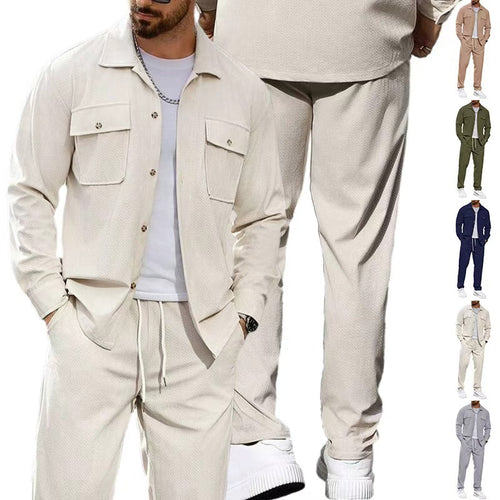 Herren nan lässiger Zweiteiler Hemdjacke mit aufgesetzten Brusttaschen und Kordelzughose EB