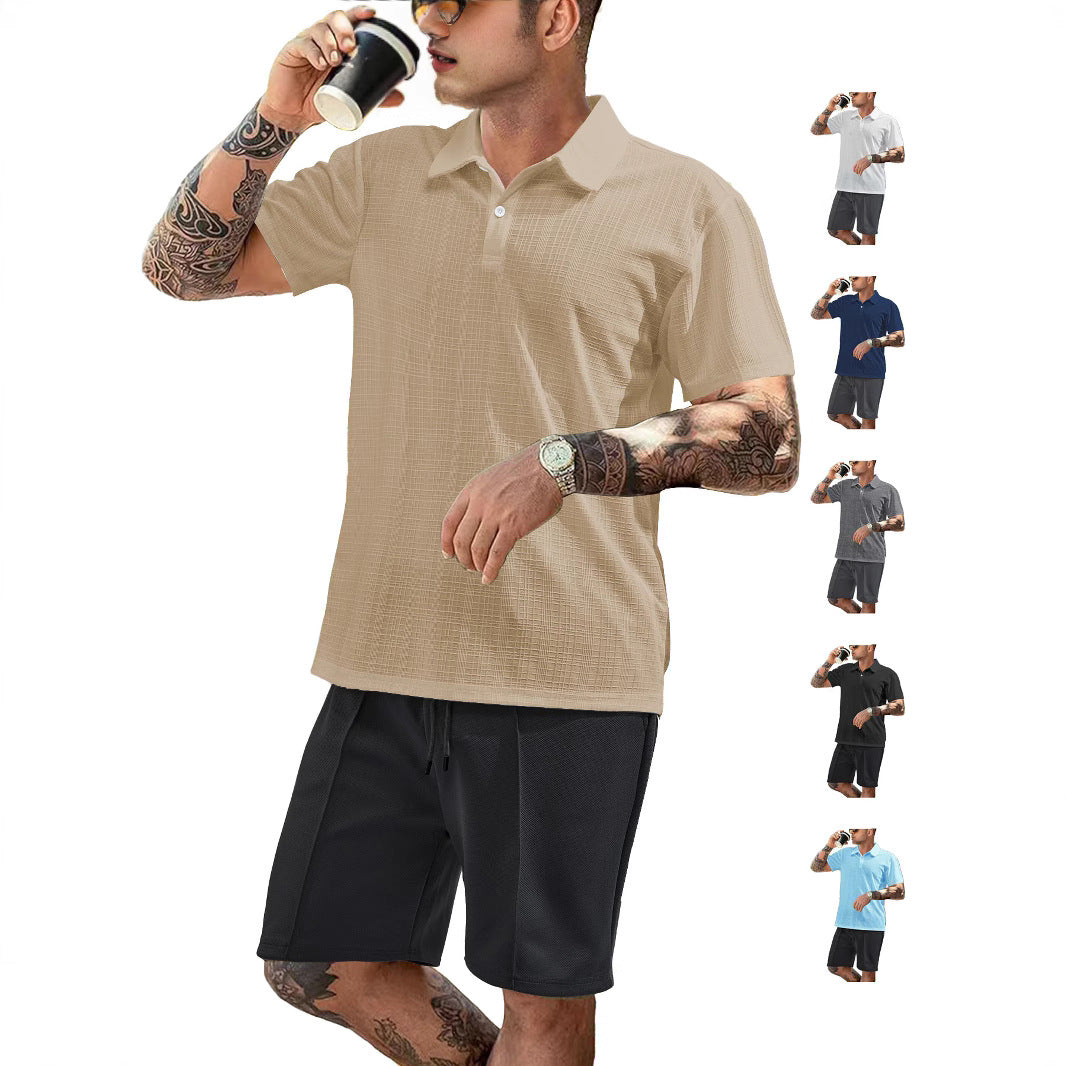 Herren nan zweiteiliges Sommer-Reise-Set mit texturiertem Kurzarm-Poloshirt und funktionalen Mesh-Shorts EB
