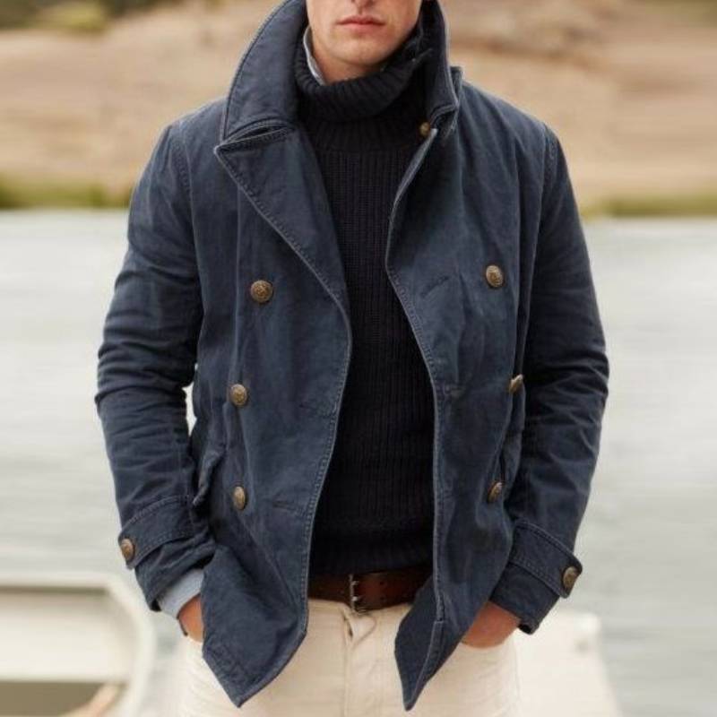 Herren Winddichte Fischerjacke mit doppelter Knopfleiste und hohem Kragen EB