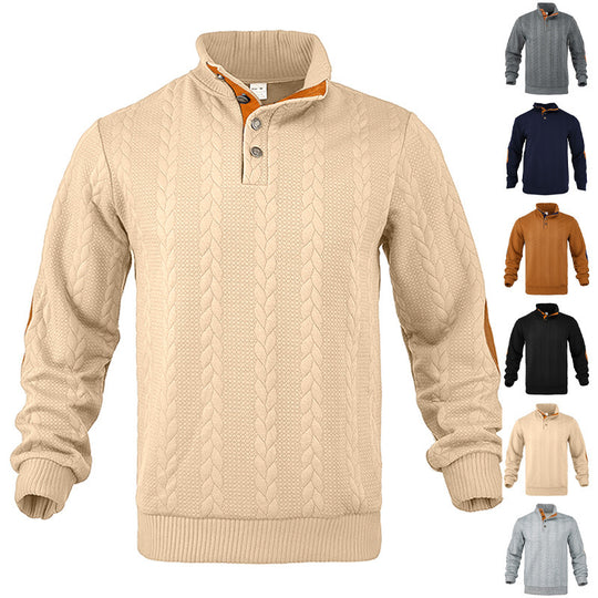 Herren nan lässiger Zopfstrickpullover mit verstärkter Knopfleiste und Wildleder-Ellenbogenpatches EB