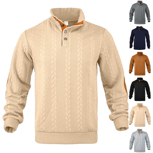 Herren nan lässiger Zopfstrickpullover mit verstärkter Knopfleiste und Wildleder-Ellenbogenpatches EB