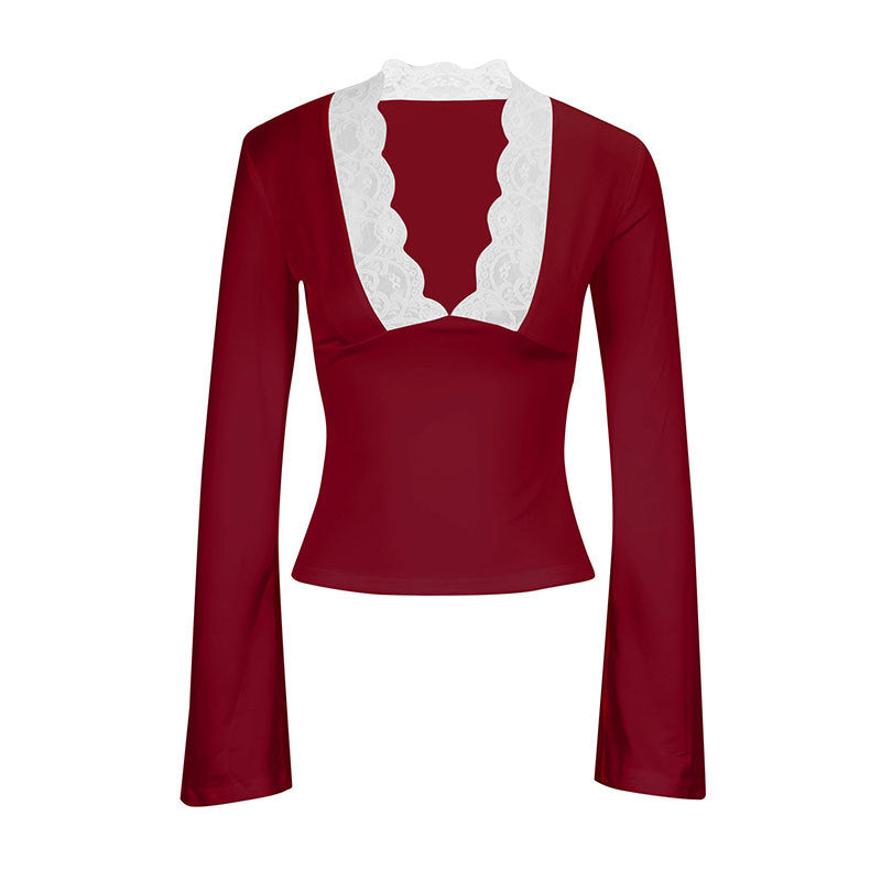 Damen Elegantes Langarm-Top mit Spitzenkragen EB