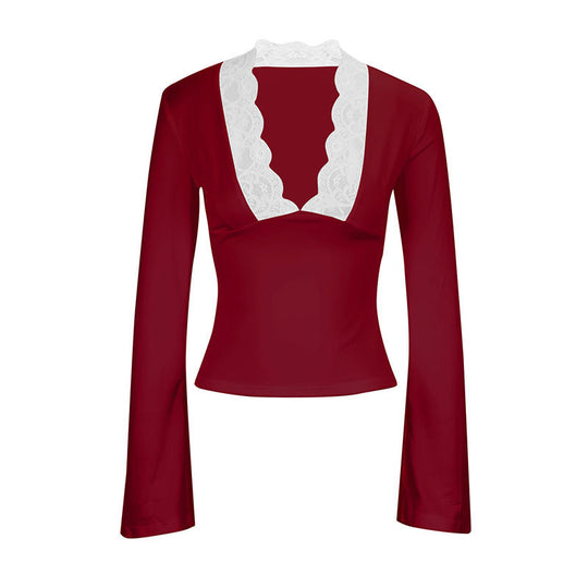 Damen Elegantes Langarm-Top mit Spitzenkragen EB