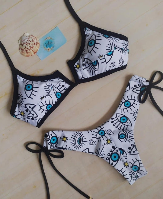 Damen Triangel-Bikini-Set mit einzigartigem Augenmuster EB