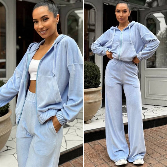 Damen Velours-Zip-Kapuzenjacke mit Marlene-Jogginghose Lounge-Set EB