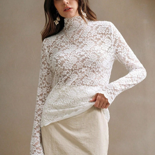Damen Spitzenoberteil mit hohem Kragen und filigranem Blumendesign EB