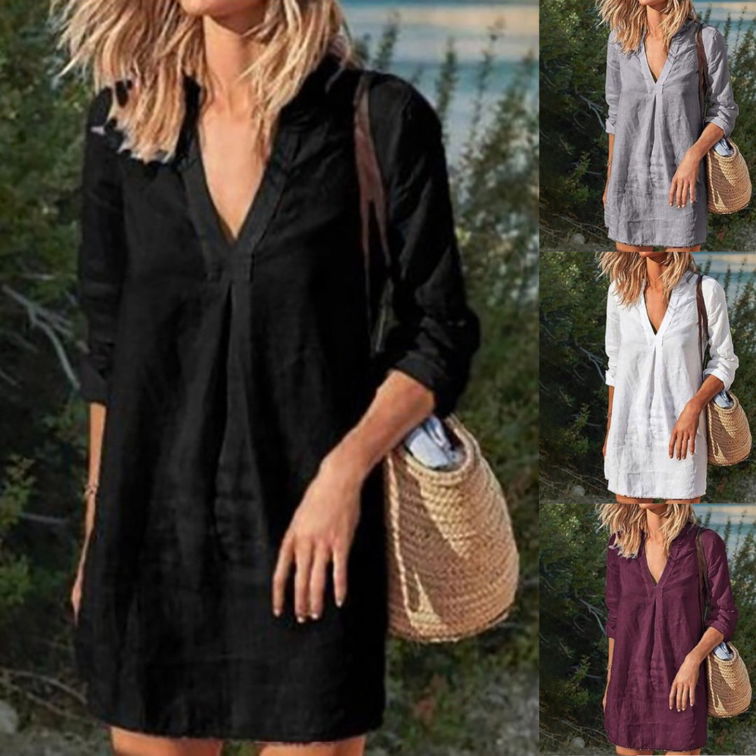 Damen nan Leinen Tunika Kleid mit V-Ausschnitt knielang lockere A-Linie EB