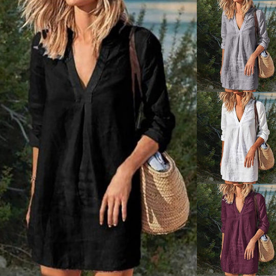 Damen nan Leinen Tunika Kleid mit V-Ausschnitt knielang lockere A-Linie EB