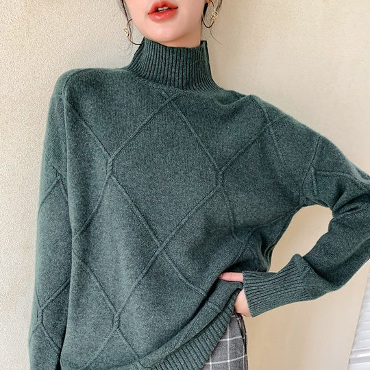 Damen Strickpullover mit hohem Kragen und Rautenmuster EB