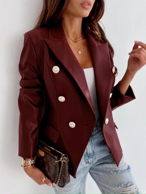 Damen eleganter Kunstleder Blazer mit doppelter Knopfleiste EB