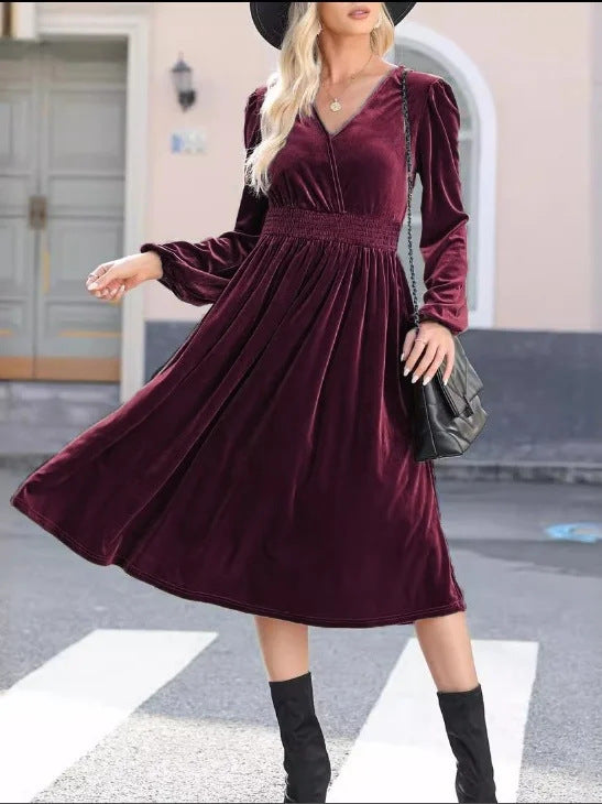 Damen Midikleid aus Samt mit V-Ausschnitt, geraffter Smock-Taille und langen Ballonärmeln EB