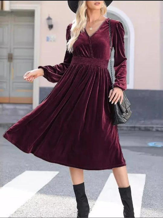 Damen Midikleid aus Samt mit V-Ausschnitt, geraffter Smock-Taille und langen Ballonärmeln EB