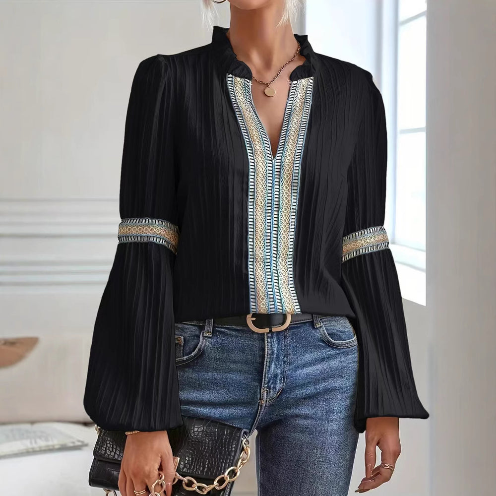Damen elegante Bluse mit Rüschendetails und Stickereien EB