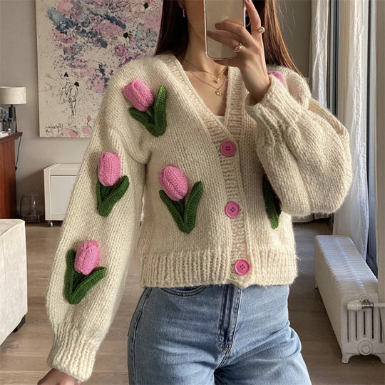 Damen Strickjacke mit floralem Design und oversized Schnitt EB