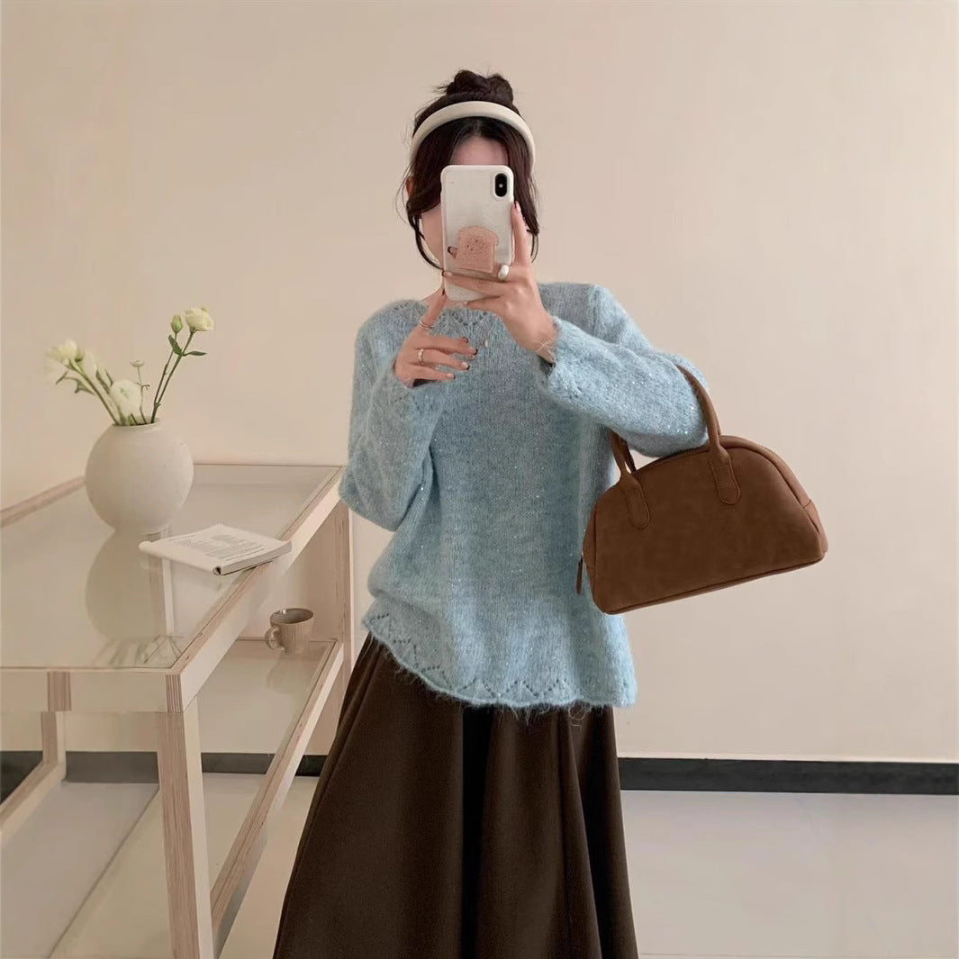 Damen Flauschiger Strickpullover mit glänzenden Akzenten und lockerem Schnitt EB