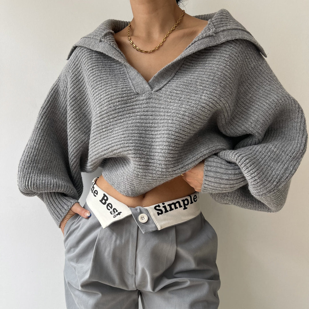 Damen Grobstrick Cropped-Pullover mit weitem Matrosenkragen und Oversize-Ärmeln EB
