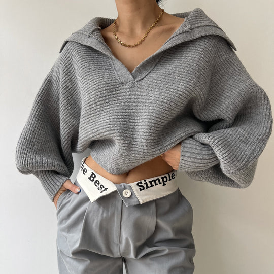 Damen Grobstrick Cropped-Pullover mit weitem Matrosenkragen und Oversize-Ärmeln EB