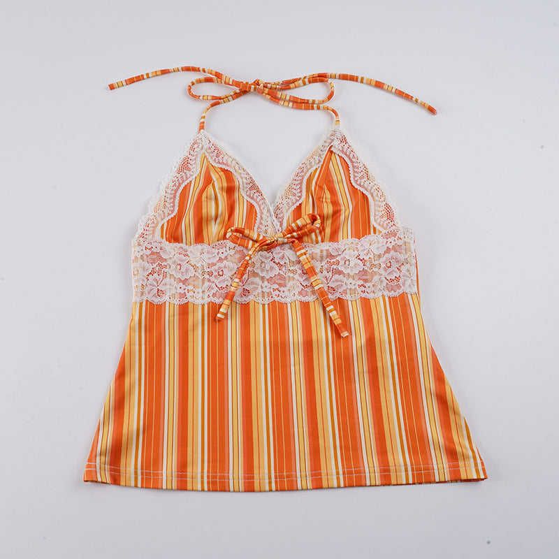 Damen Charmantes Spaghetti-Top mit Spitzenakzenten und Streifenmuster EB