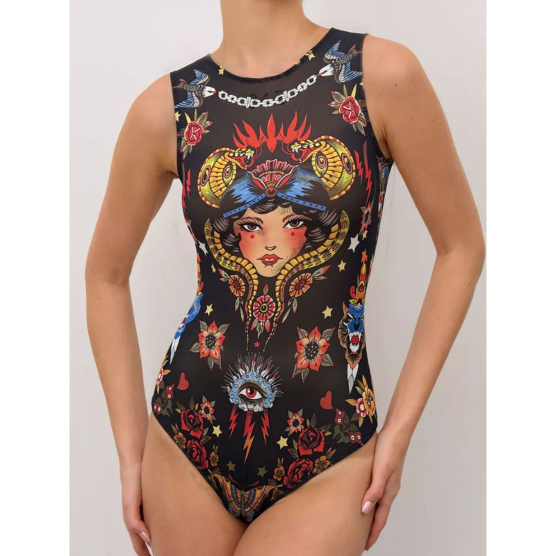 Damen Sportbadeanzug mit modernem Grafikdesign und hohem Neck EB