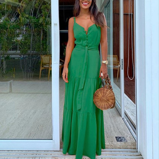 Damen Maxikleid mit Knopfverschluss und fließendem Rock EB