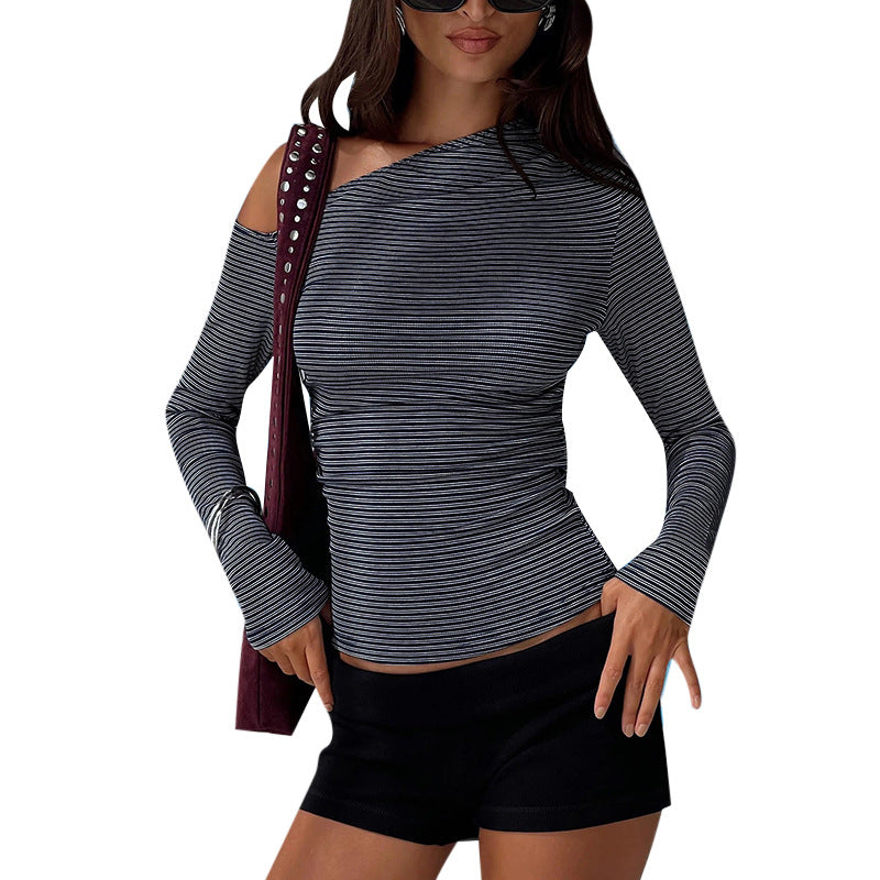 Damen Schulterfreies gestreiftes tailliertes Langarm-Top mit asymmetrischem Ausschnitt EB