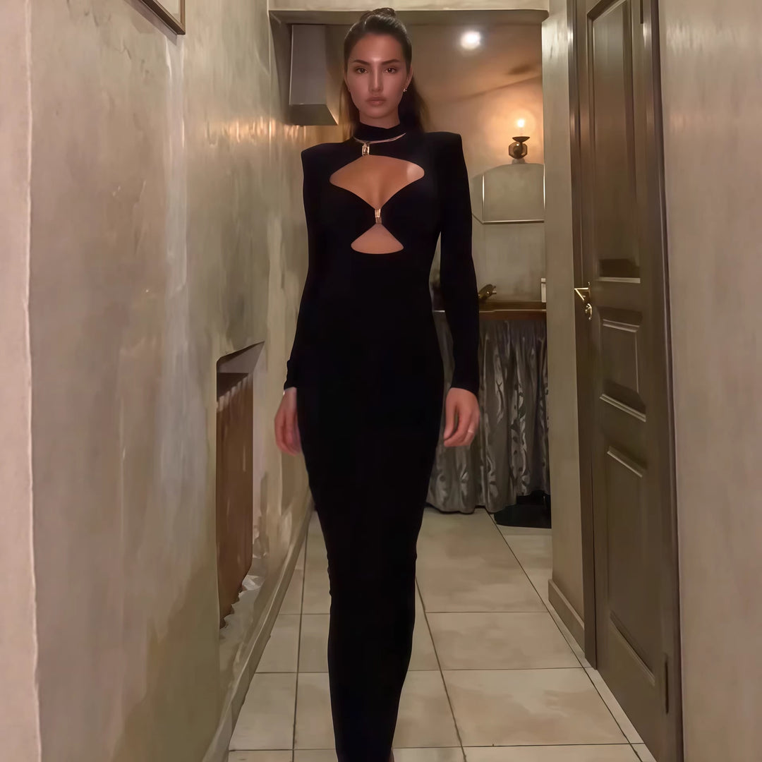 Damen Elegantes Maxikleid mit hochgeschlossenem Dekolleté und raffinierten Cut-Outs EB