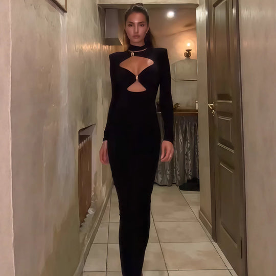 Damen Elegantes Maxikleid mit hochgeschlossenem Dekolleté und raffinierten Cut-Outs EB
