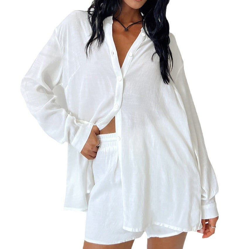 Damen Loungewear-Set mit lässiger Button-Up Bluse und komfortablen Shorts EB