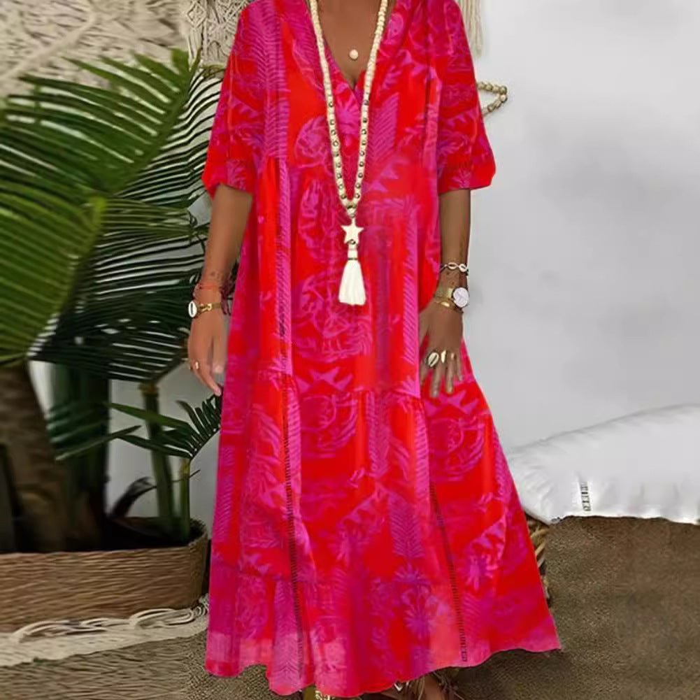 Damen nan Boho-Langkleid mit tiefem V-Ausschnitt, Stufenschnitt und legerer Oversize-Passform EB