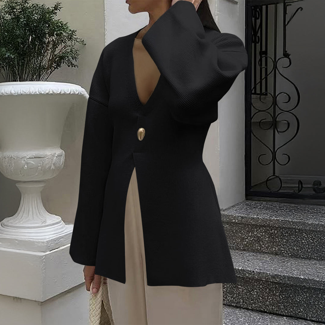 Damen nan taillierter Feinstrick-Cardigan mit V-Ausschnitt, Zierknopf und frontaler Schlitz EB