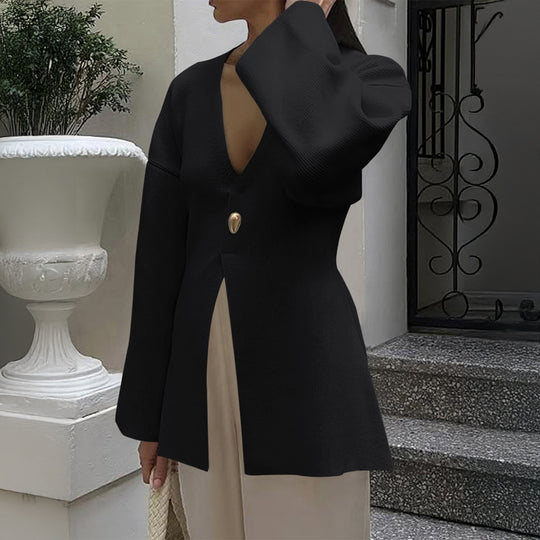 Damen nan taillierter Feinstrick-Cardigan mit V-Ausschnitt, Zierknopf und frontaler Schlitz EB
