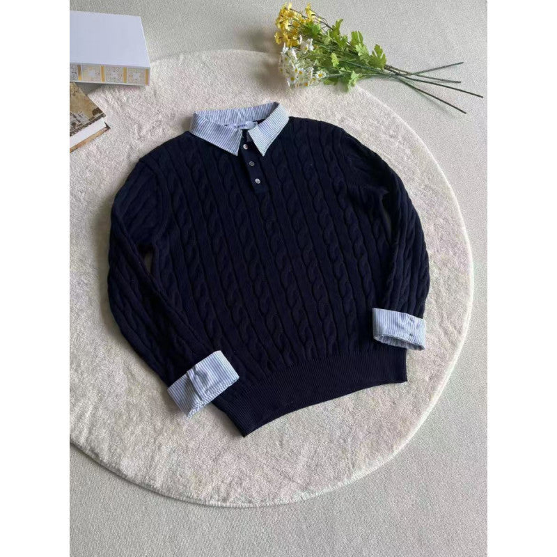 Damen nan gestrickter Polo-Pullover mit Zopfmuster und eingesetztem Hemdkragen EB