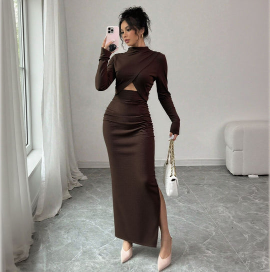 Damen geripptes Maxikleid mit gedrehtem Vorderteil Cut-Out taillierter Raffung und hohem Seitenschlitz Eichborn Berlin