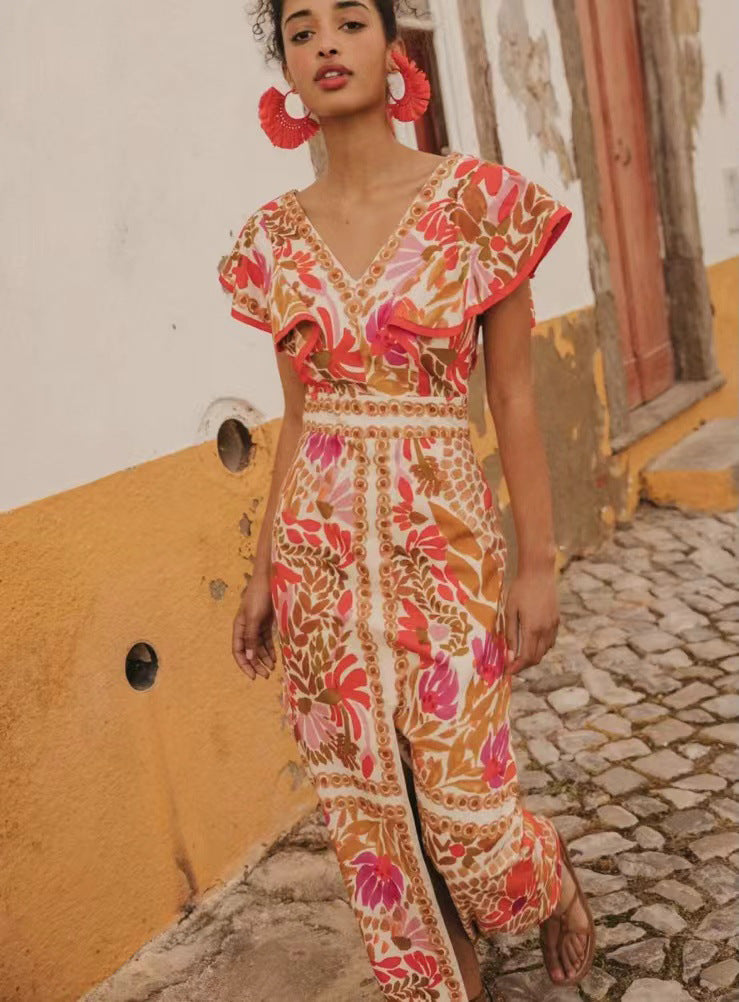 Damen Maxikleid mit farbenfrohem floralem Muster und Volantärmel EB