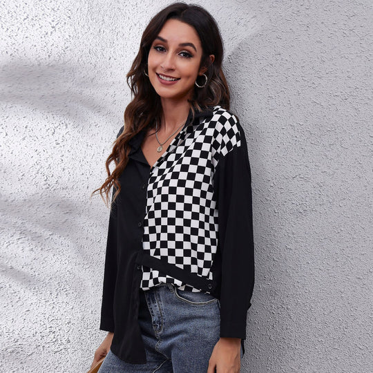 Damen Karierte Bluse mit asymmetrischem Schnitt und modischem Kragen EB