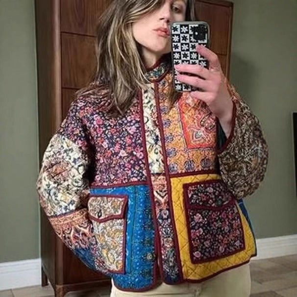 Damen Oversize Patchwork-Steppjacke mit Stehkragen und aufgesetzten Taschen EB