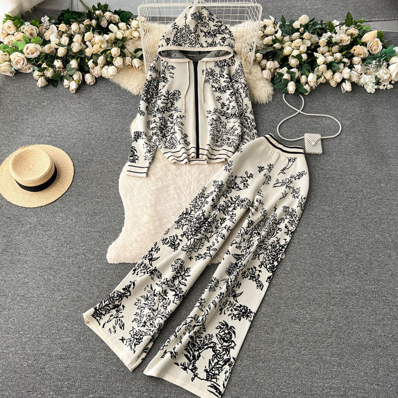 Damen modisches Freizeit-Lounge-Set mit Kapuze und floralem Muster EB