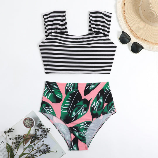 Damen Hochgeschnittener Bikini mit modischem Streifenmuster und floralem Unterteil EB