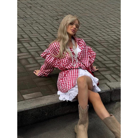 Damen Puffärmel Gingham Knopf-Down Hemd EB