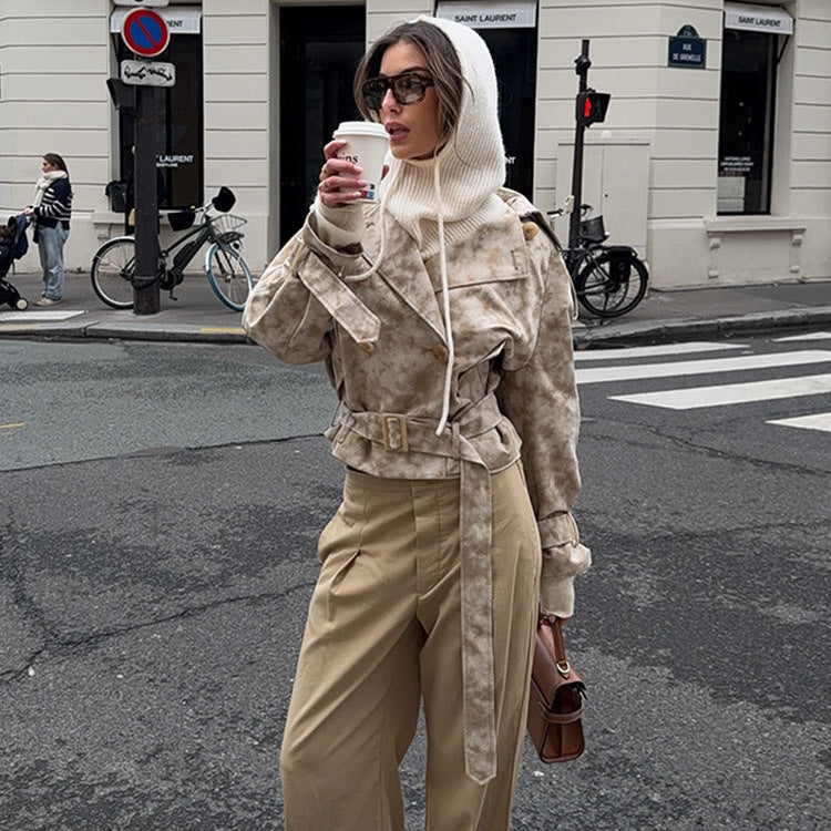 Damen modische Trenchcoat-Jacke mit Gürtel und Kapuze EB