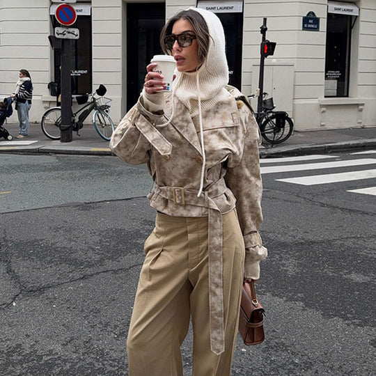 Damen modische Trenchcoat-Jacke mit Gürtel und Kapuze EB