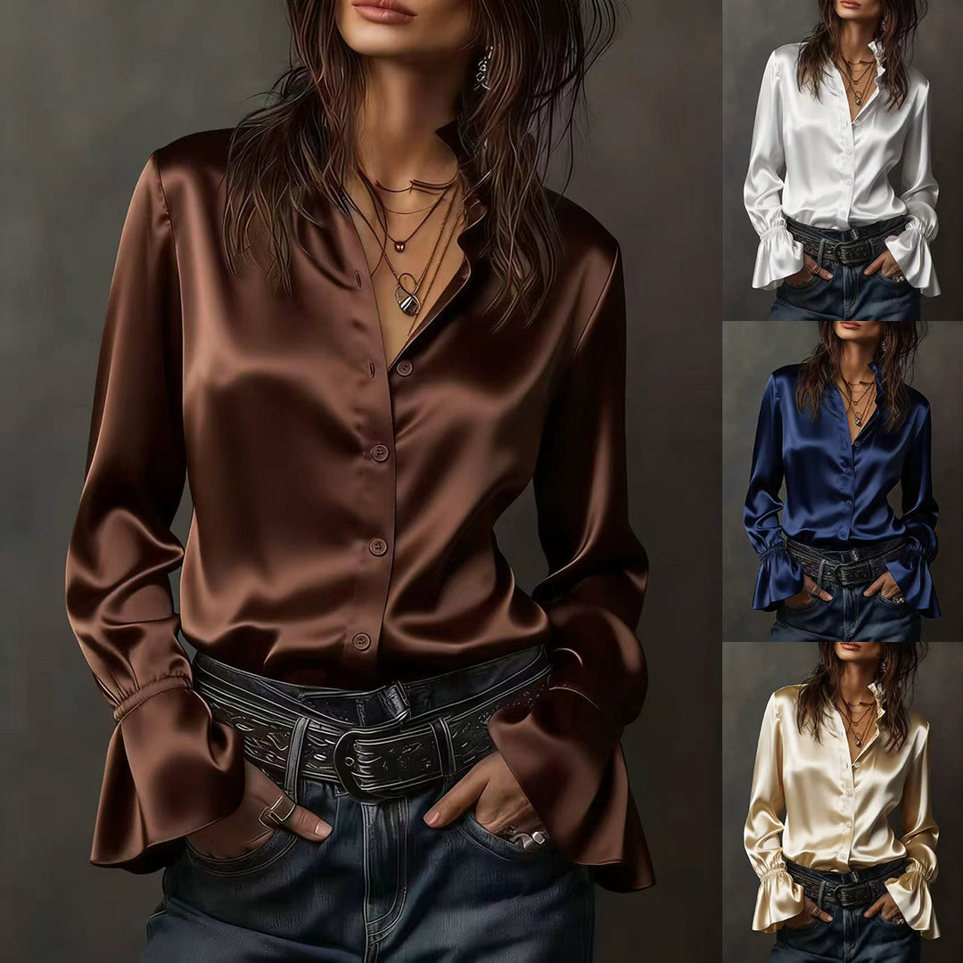 Damen Elegante Seidenbluse mit Raffungen an den Ärmeln EB