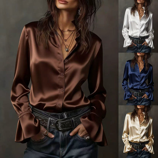 Damen Elegante Seidenbluse mit Raffungen an den Ärmeln EB