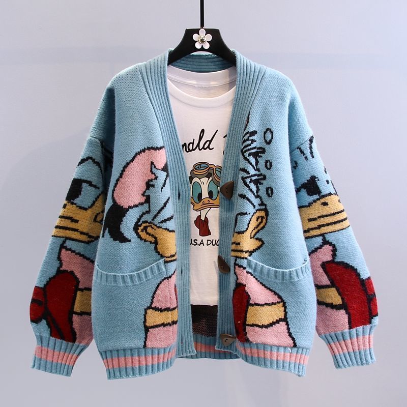 Damen Cartoon-Design Strickjacke mit breiten Ärmeln und Taschen EB