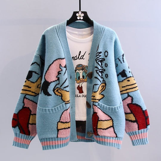 Damen Cartoon-Design Strickjacke mit breiten Ärmeln und Taschen EB