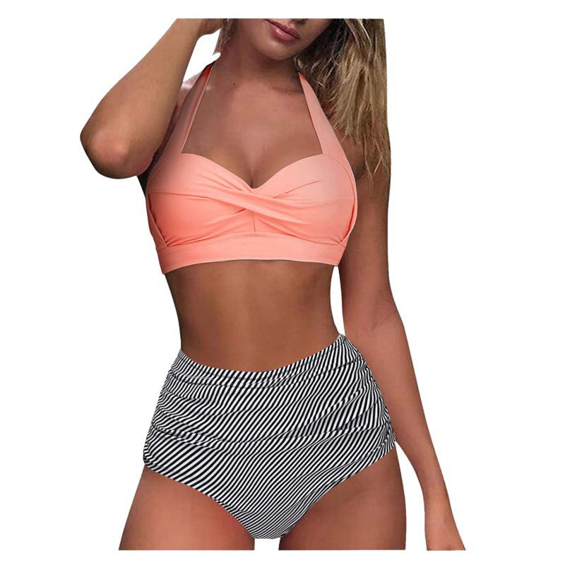 Damen Hochtaillierter Karobikini mit gerafftem Oberteil EB