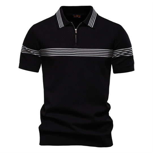 Herren nan edles Feinstrick-Poloshirt mit kurzem Metallreißverschluss, Bündchenärmeln und kontrastierten Streifenbändern EB